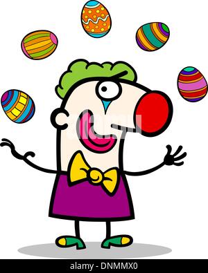 Cartoon Illustration der lustige Mann im Clownskostüm jonglieren Easter Eggs Stock Vektor