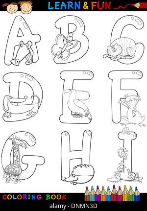 Cartoon Alphabet Malbuch oder Seitensatz mit lustigen Tieren für Kinder Bildung und Spaß Stock Vektor