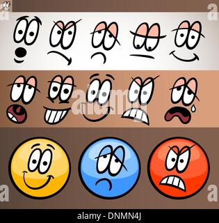 Cartoon Illustration der lustige Emoticons oder Gefühle und Ausdrücke wie traurig, glücklich, wütend oder Skeptiker Stock Vektor
