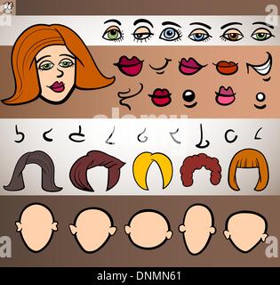 Comic-Illustration lustig Frau Gesicht Elemente solcher Augen, Lippen, Nase, Kopf und Haare für Animation oder Anwendung Stock Vektor