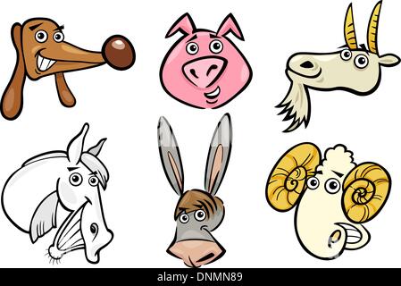 Comic-Illustration von anderen Funny Farm Tiere Köpfe Set: Ziege, Schwein, Ram, Pferd, Hund und Esel Stock Vektor