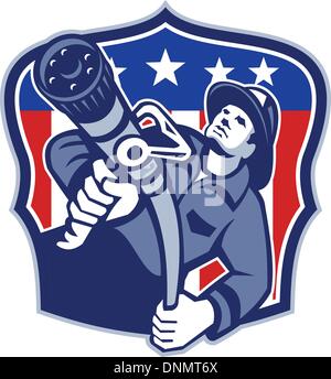 Abbildung eines amerikanischen Feuerwehrmann Feuerwehrmann Notfall Arbeiter mit dem Ziel feuern Schlauchset in Schild mit USA Sternenbanner Stock Vektor