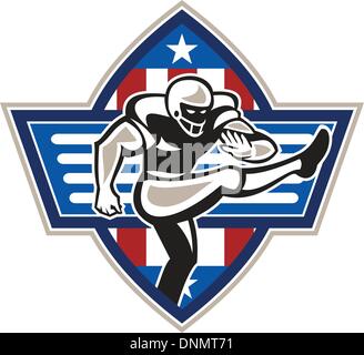 Illustration einer american-Football Rost Spieler aber treten zugewandten Seite getan im retro-Stil in Sternen und Streifen Kugel gesetzt. Stock Vektor