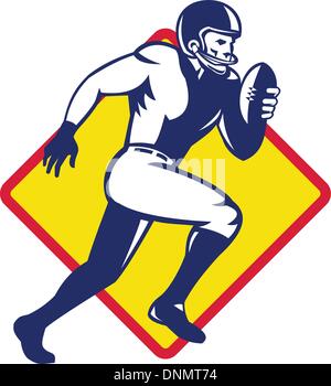 Abbildung einer amerikanischen Quarterback-Football-Spieler mit Ball im Inneren Rautenform getan im retro-Stil ausgeführt. Stock Vektor