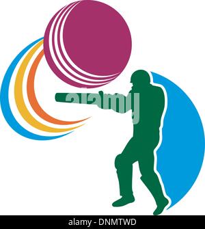 Abbildung einer Grille Sport-Spieler Schlagmann Silhouette Wimper zu markanten Kugel isoliert auf weiss Stock Vektor