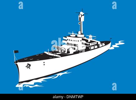 Illustration von Zweiter Weltkrieg Marine Schlachtschiff Boot auf hoher See im retro-Stil gemacht. Stock Vektor