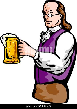 Abbildung eines Benjamin Franklin oder edlen aristokratischer Gentleman hält Krug Bier Stock Vektor