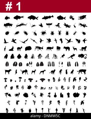 Große Sammlung von Collage Vector Silhouetten von Menschen, Tiere, Vögel, Fische, Blumen und Insekten Stock Vektor