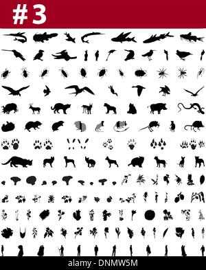 Große Sammlung von Collage Vector Silhouetten von Menschen, Tiere, Vögel, Fische, Blumen und Insekten Stock Vektor