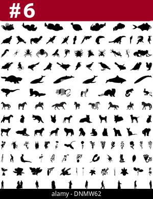 Große Sammlung von Collage Vector Silhouetten von Menschen, Tiere, Vögel, Fische, Blumen und Insekten Stock Vektor