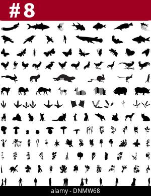 Große Sammlung von Collage Vector Silhouetten von Menschen, Tiere, Vögel, Fische, Blumen und Insekten Stock Vektor