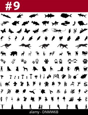Große Sammlung von Collage Vector Silhouetten von Menschen, Tiere, Vögel, Fische, Blumen und Insekten Stock Vektor