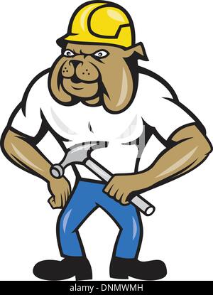 Illustration von Bulldog Bauarbeiter tragen Helm Holding Latthammer getan im Cartoon-Stil. Stock Vektor