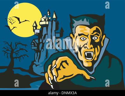 Illustration von Dracula mit Schloss, toter Baum, Vollmond und Bat im Hintergrund getan im retro-Stil. Stock Vektor