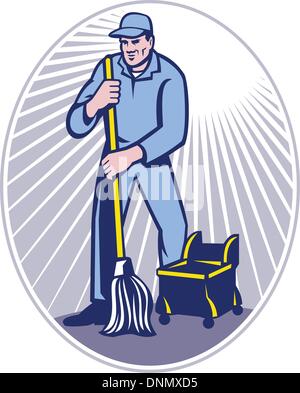 Illustration von sauberer Hausmeister Reinigung des Bodens mit Mop von vorne im Inneren Ellipse in Retro-Holzschnitt Stil getan betrachtet. Stock Vektor