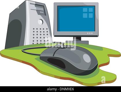 Abbildung einer verkabelten Computer Maus verbunden Globus mit Monitor pc-Tower im retro-Stil gemacht. Stock Vektor