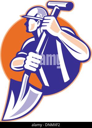 Abbildung eines Bauarbeiters hält einen Schaufel Spaten getan Retro-Stil in einem Kreis auf isolierte Hintergrund festlegen Stock Vektor