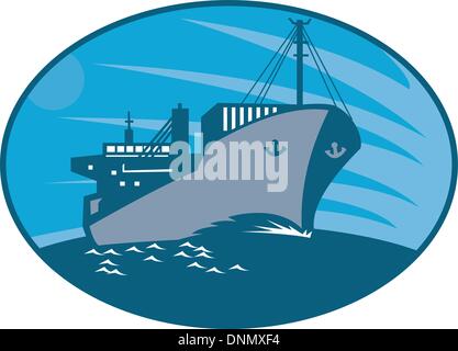 Abbildung von einem Container Frachter Frachtschiff Segeln am Meer im retro-Stil im Inneren Ellipse getan. Stock Vektor