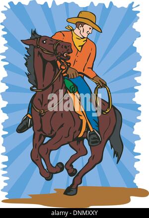 Illustration von Cowboy Pferd mit Lasso blickte den Boden getan im retro-Stil zurück. Stock Vektor