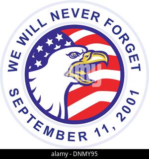 Abbildung von einem amerikanischen kahlen Adler schreien mit USA-Sternen und Streifen-Flag gesetzt in Kreis mit Worten "Wir werden Stock Vektor