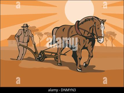 Illustration von Bauer und Pferd Pflügen Feld getan im retro-Stil Stock Vektor