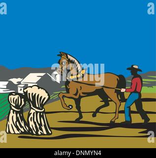 Illustration der Landwirt und Pferd Pflügen Feld getan im retro-Stil Stock Vektor