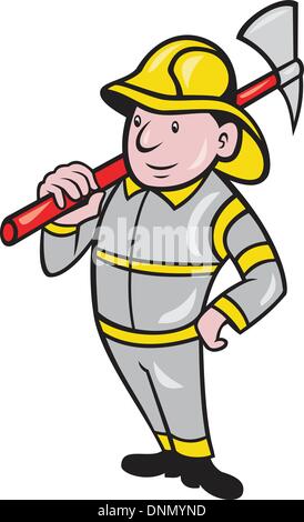 ein Feuerwehrmann Feuerwehrmann Notfall Arbeiter mit Feuer Axt getan im Cartoon Stil stehen auf isolierten weißen Hintergrund Illustration. Stock Vektor