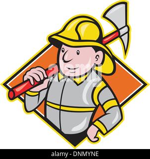 Abbildung eines Feuerwehrmann Feuerwehrmann Notfall Arbeitnehmers mit Feuer Axt getan im Cartoon-Stil setzen in Rautenform. Stock Vektor