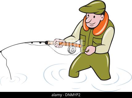 Illustration der Fliegenfischer Angeln mit Fischen Straße im Cartoon-Stil auf isolierte Hintergrund getan. Stock Vektor