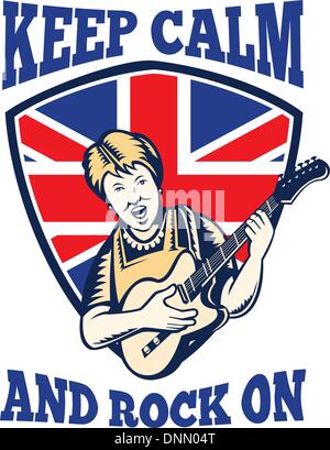 Retro-Abbildung einer britischen Oma Königin Gitarre mit Union Jack-Flagge im Inneren Schild mit Worten zu spielen zu halten, ruhig und auf Rock'. " Stock Vektor