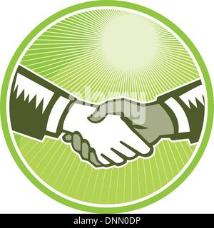 Abbildung von zwei Hände mit Handshake ein weiß und der andere schwarze Satz im inneren Kreis in Retro-Holzschnitt Stil getan. Stock Vektor