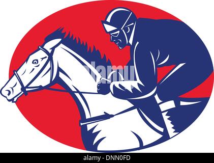 Abbildung von einem Pferd und Jockey racing Seitenansicht getan im Retro-Holzschnitt-Stil im Inneren oval Stock Vektor