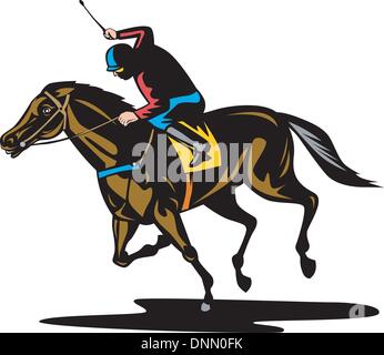 Abbildung von einem Pferd und Jockey racing auf isolierten weißen Hintergrund im retro-Stil gemacht. Stock Vektor