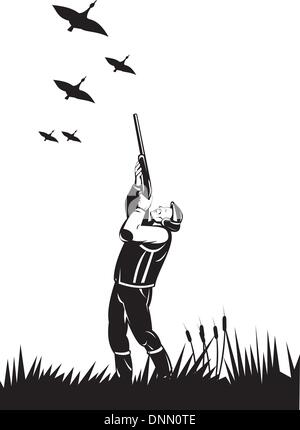Abbildung eines Jägers Flinte Gewehr Waffe bei Enten Gänse im retro-Stil auf isolierte Hintergrund gemacht Stock Vektor