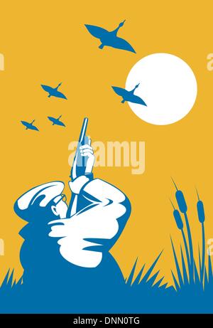 Abbildung eines Jägers Flinte Gewehr Waffe bei Enten Gänse im retro-Stil auf isolierte Hintergrund gemacht Stock Vektor