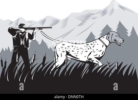 Abbildung eines Jägers, mit dem Ziel Schrotflinte Gewehr Pistole mit Zeiger Hund getan im retro-Stil auf isolierte Hintergrund Stock Vektor
