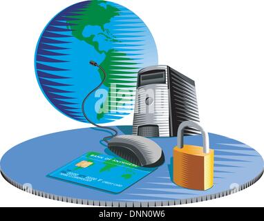 Abbildung einer verkabelten Computer-Maus angeschlossen, um pc-Tower mit Kreditkarte und Vorhängeschloss getan im retro-Stil zu überwachen. Stock Vektor