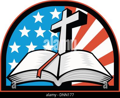 Darstellung der Bibel mit Kreuz und amerikanische Flagge Stars and Stripes. Stock Vektor