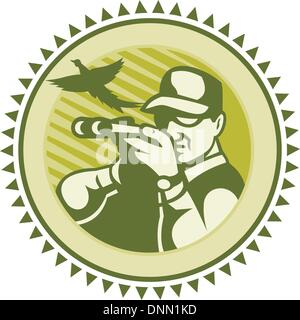 Abbildung eines männlichen Jäger-Shooters mit dem Ziel Schrotflinte Gewehr mit Fasan Vogel fliegt in Retro-Holzschnitt Stil getan. Stock Vektor