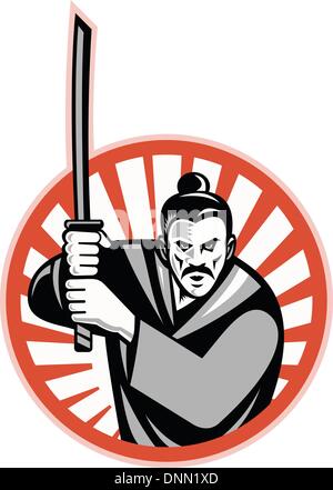 Abbildung eines Samurai-Kriegers nach vorne mit Katana-Schwert im inneren Kreis im retro-Stil gemacht. Stock Vektor