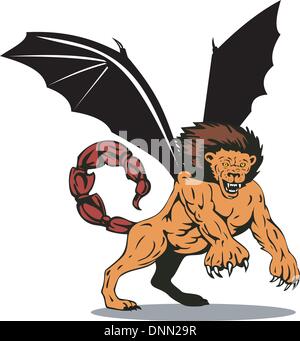 Illustration von Manticore Löwe in Angriff Standpunkt in weißem Hintergrund im retro-Stil gemacht. Stock Vektor