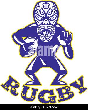 Abbildung eines Maori Krieger Rugby-Spieler mit Maske mit Ball nach vorne auf weißem Hintergrund isoliert ausgeführt. Stock Vektor