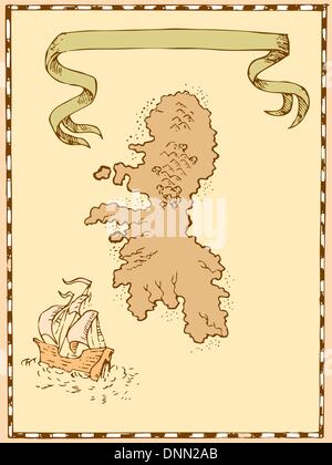 Abbildung einer Schatzinsel Karte anzeigen mit Segeln Schiff Galleon und Band im Vintage-Stil gemacht. Stock Vektor