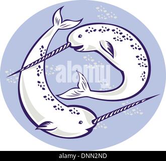 Abbildung von zwei Narwals Monodon Monoceros Einhorn whale Bundesgebiet geraden Stoßzahn Zahn Satz innen Oval im retro-Stil gemacht. Stock Vektor