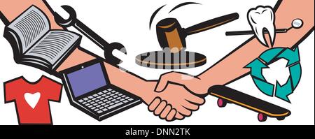Abbildung zeigt zwei Hände Handshake schließen einen Vertrag bei einer Auktion mit Hammer hammer gehen nach unten und verschiedener Güter und Dienstleistungen wie zahnärztliche, reparieren, Bücher, Laptop-Computer, recycling-Services isoliert auf weißem Hintergrund. Stock Vektor