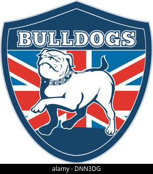 Außenillustration eine stolze englische Bulldogge marschieren mit Großbritannien oder britische Flagge im Hintergrund set in einen Schild mit Worten Bulldogs passend für alle Sport-Team-Maskottchen " Stock Vektor