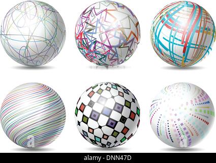 Sammlung von sechs Kugeln mit verschiedenen abstrakten Designs. Stock Vektor