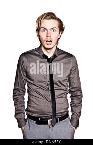 Junger Mann Ausdruck Porträt. Studio Foto schockiert jungen Mannes. Stockfoto