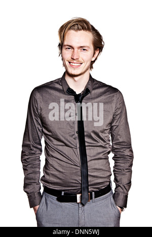 Junger Mann Ausdruck Porträt. Studio Foto des jungen Menschen machen ein lustiges Gesicht. Stockfoto