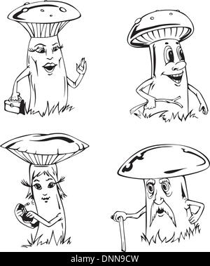 Pilz-Cartoons. Satz von schwarzen und weißen Vektor-Illustrationen. Stock Vektor